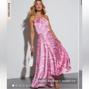 Maxine Satin Paisley Halter Maxi Dress